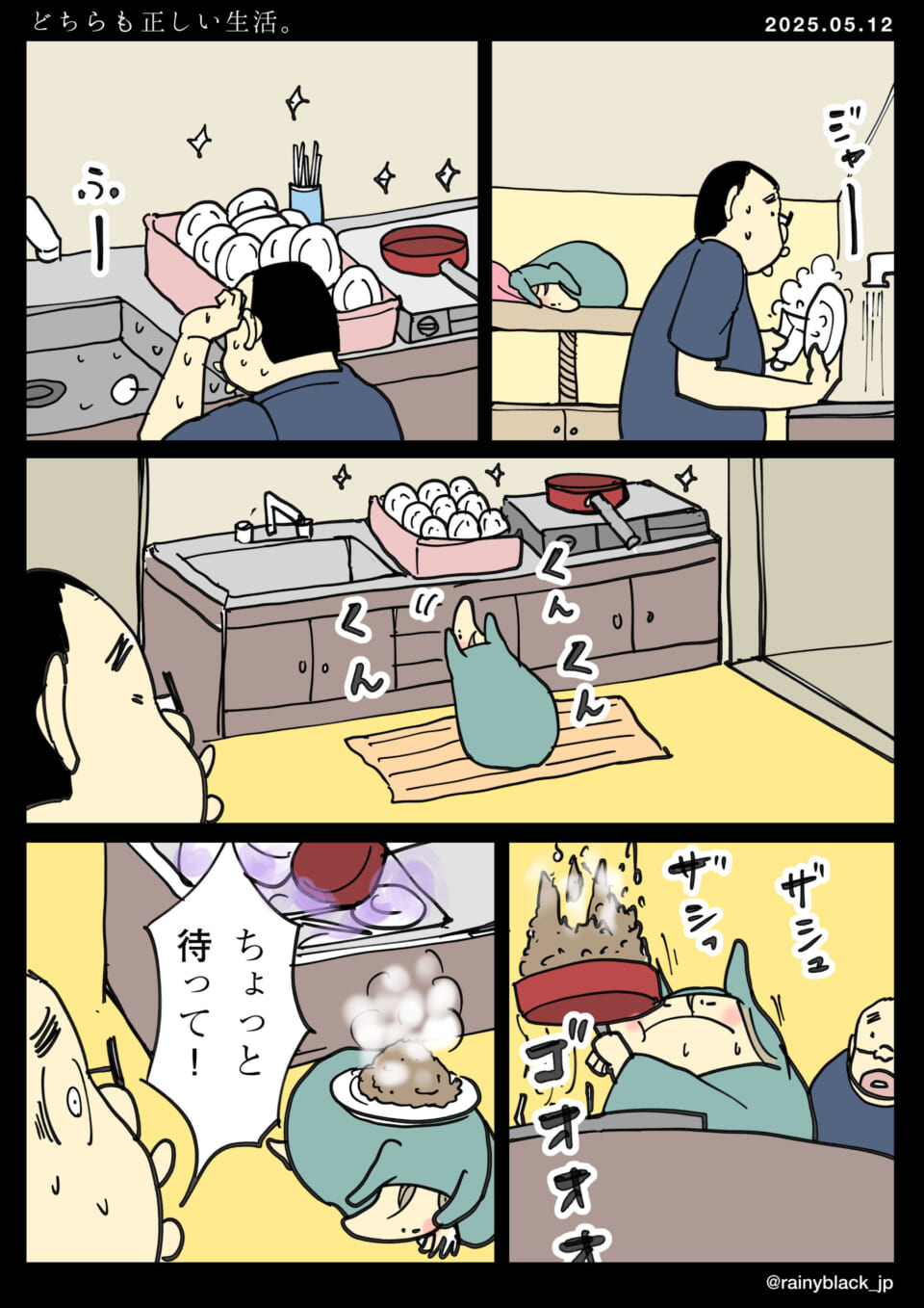 夫が食器を洗う。妻は見ている。