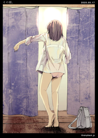 女性がカーテンを開けている朝。