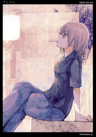 女性が煙草を吸って座っているイラスト。