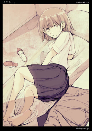 少女がベッドの上に座るイラスト