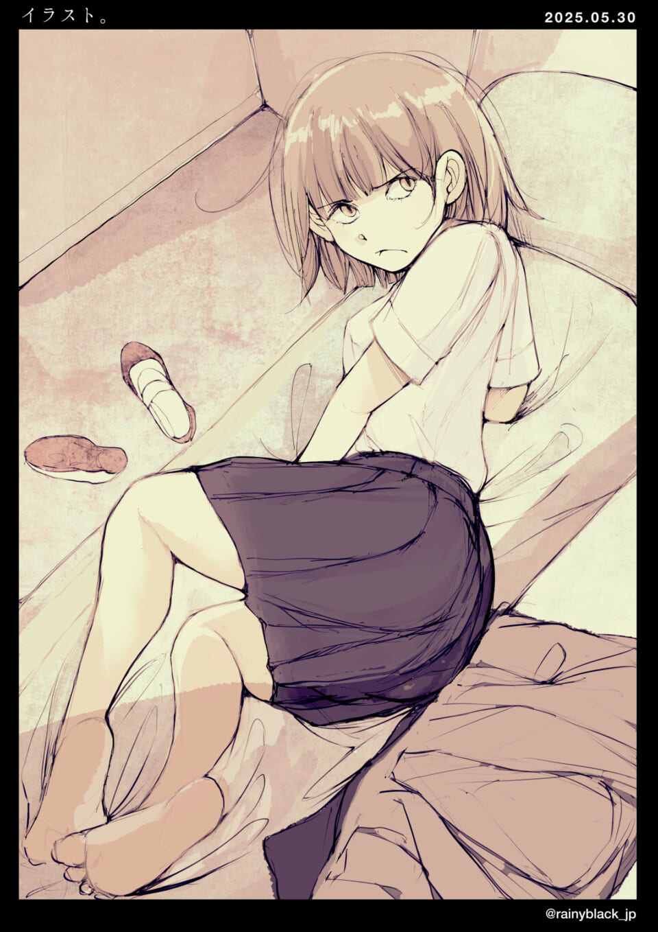 少女がベッドの上に座るイラスト