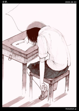 机に伏せる学生のイラスト。