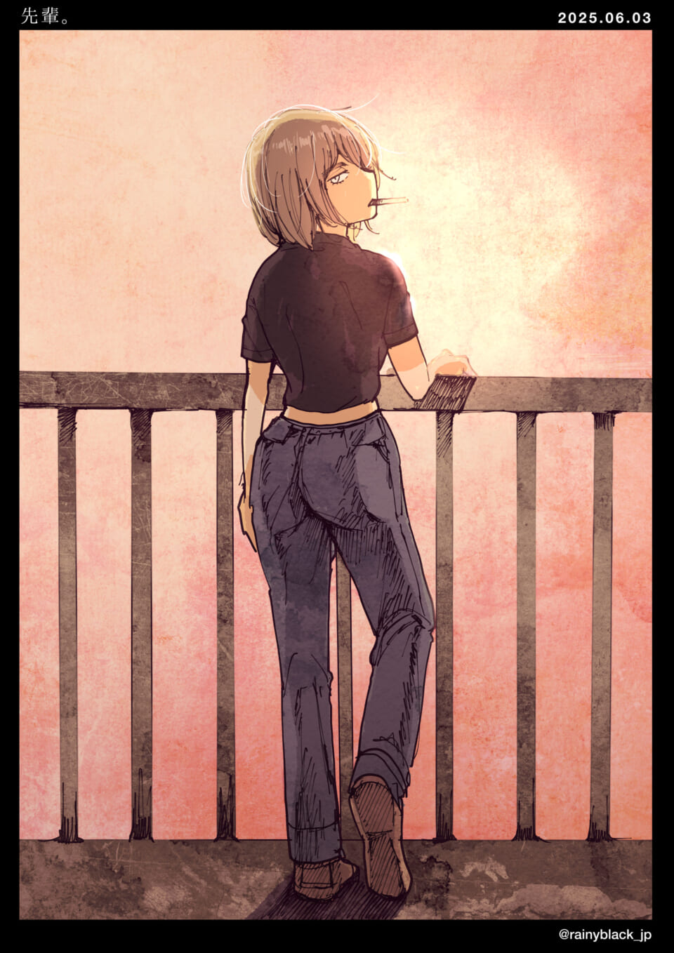 夕焼けを背景にした女性の後姿。