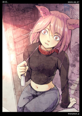 猫耳の少女、驚いた表情。