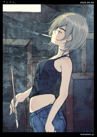 タバコを吸う女性画家の横顔