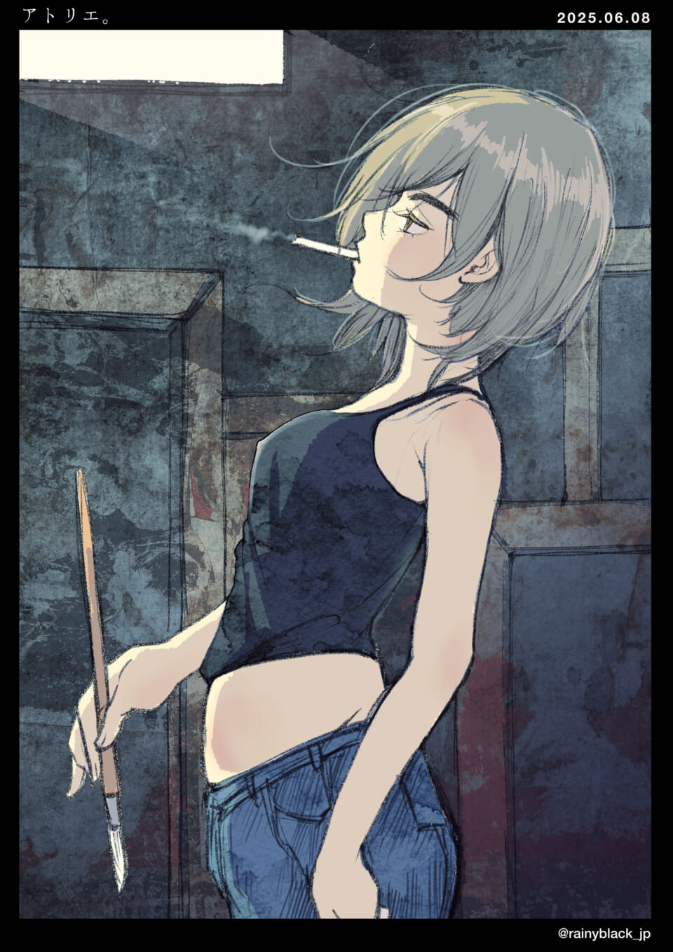タバコを吸う女性画家の横顔