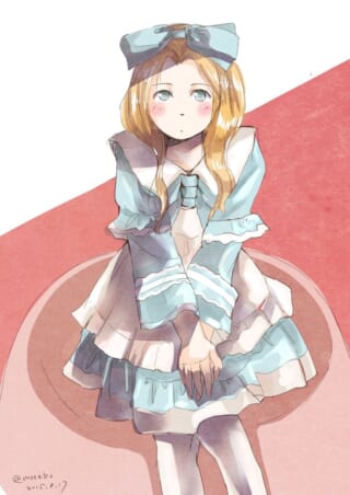 青い服を着た少女のイラスト。