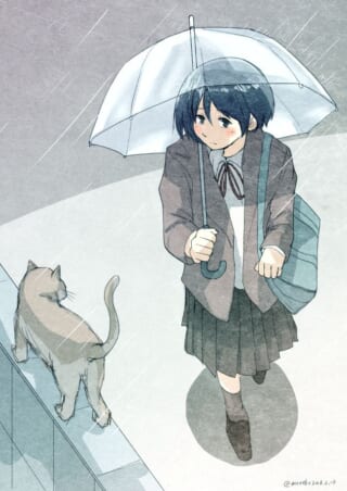 雨の中の少女と猫