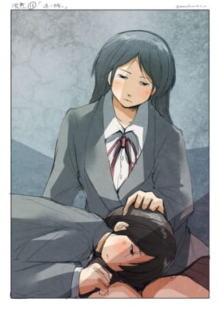 膝枕をする女子学生たち。