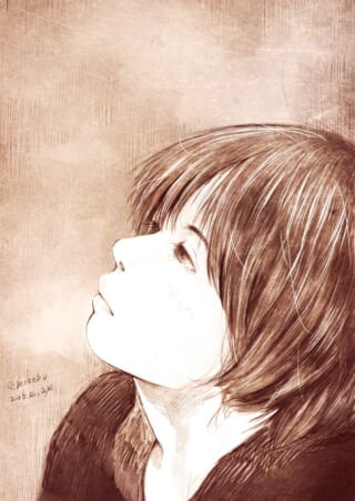 横顔を見上げる少年のイラスト