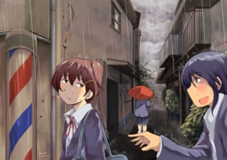 雨の中での女子学生たちの会話