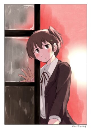 女の子が戸を開けている。