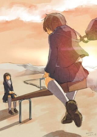 夕焼けのシーソーと少女たち。