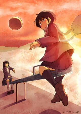 シーソーで遊ぶ二人の少女
