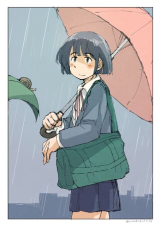 雨の日に傘を持つ女子学生