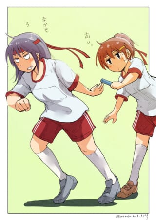 リレーのバトンを渡すアニメキャラ。