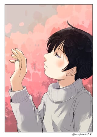 横顔の女性が空を見上げる