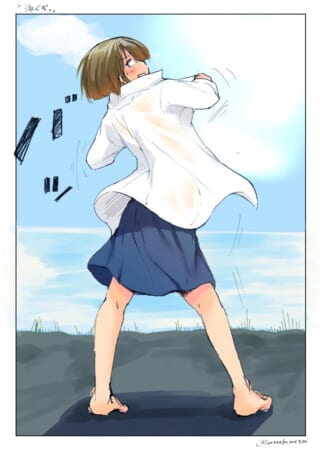 シャツを脱ぐ少女の後ろ姿。