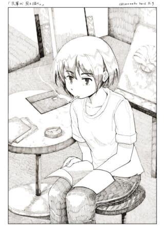 喫茶店で読書する女性。