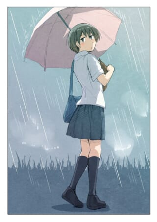 傘をさす女子学生のイラスト。