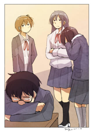 教室で考える4人の学生
