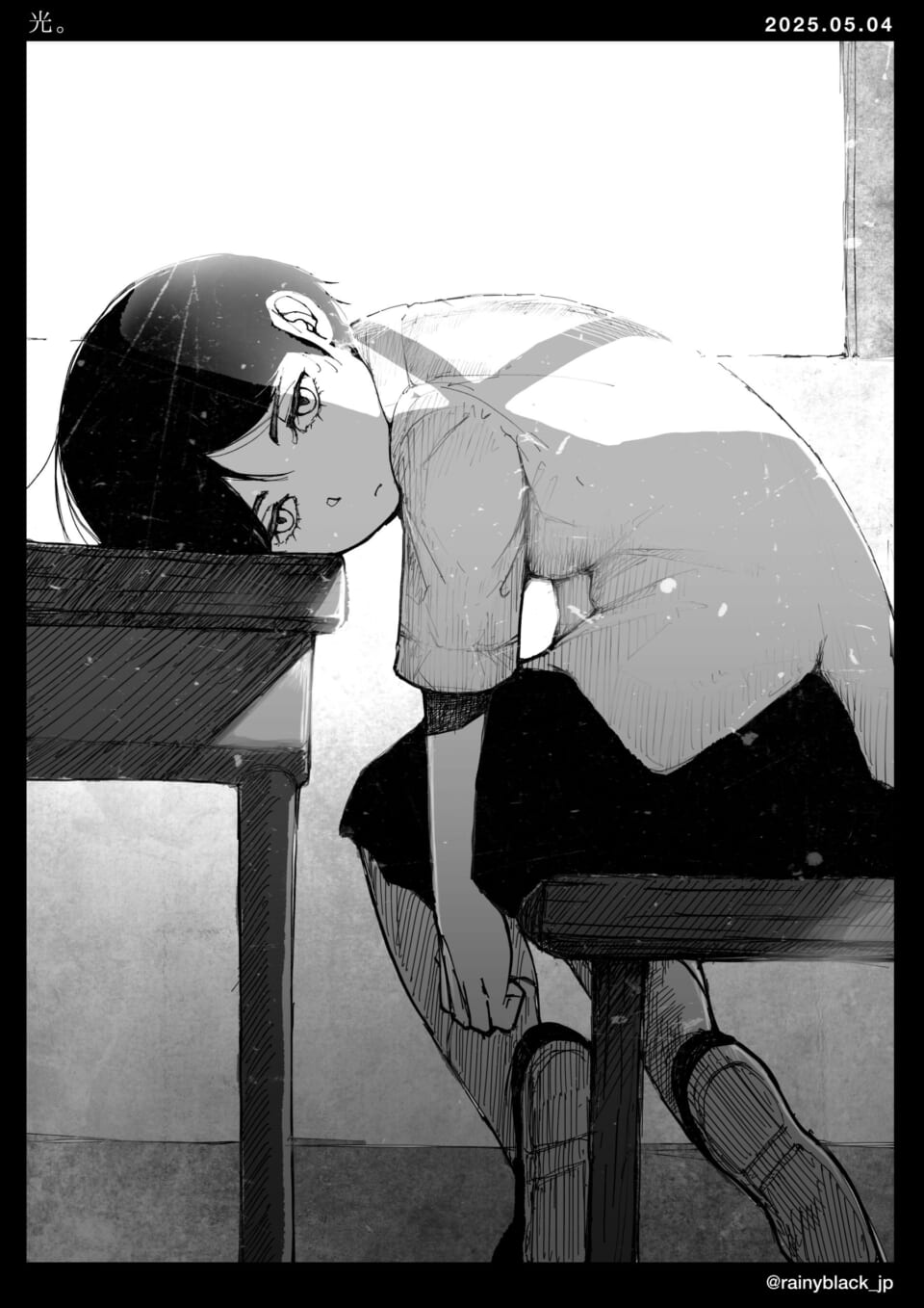 机に寄りかかる女子高生の絵。
