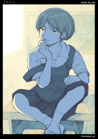 机の上に座る少女のイラスト。