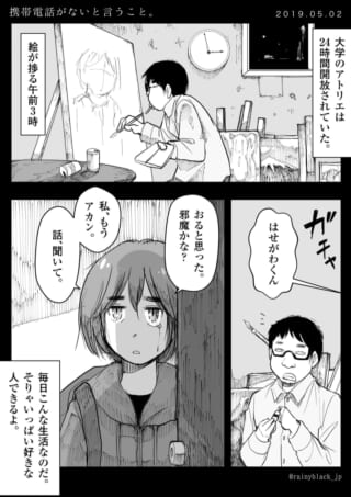 アトリエで夜中に絵を描く学生。