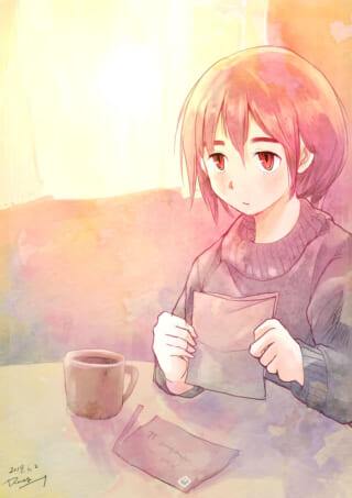 手紙を持つ少女とコーヒー