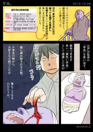 薬の副作用で苦悩する様子。