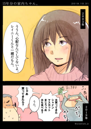 2003年と2019年の対比漫画。