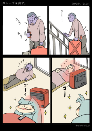 ストーブで暖を取る人々。