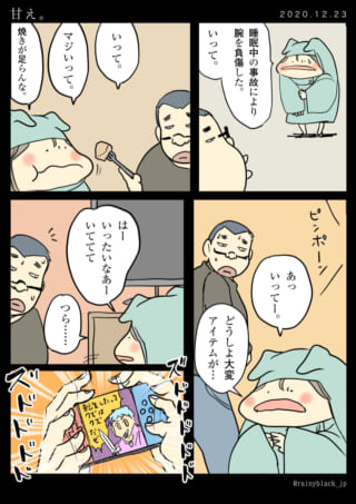 キャラクターが家で怪我をする漫画。
