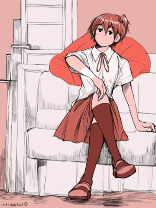 ポニーテールの少女が座っている絵