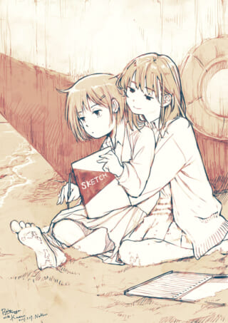 海辺でスケッチをする二人