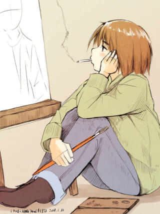 絵を描く人が喫煙中