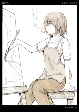 絵を描く人物とタバコ