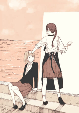 2人の女性が夕日を背景に会話。