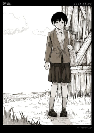 制服の少女が建物の前に立つ。