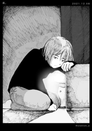 夜中に光を見つめる少女