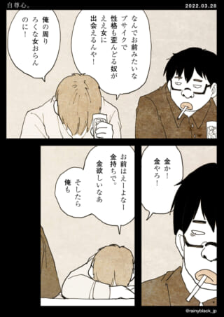 男二人が自己評価について会話する漫画。