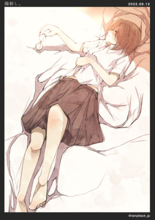 女性がベッドで寝ているイラスト。