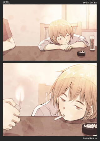 部屋でたばこを吸う女性