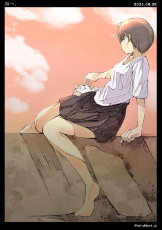猫を撫でる少女と夕焼け空