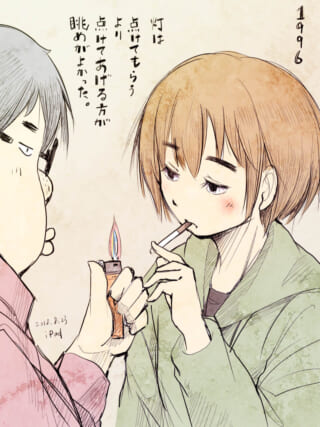 アニメ風の喫煙シーンイラスト。