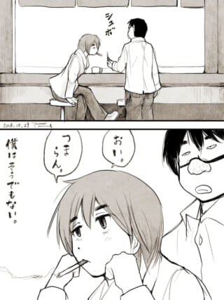 窓辺で話す二人、煙草を吸う女性。