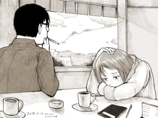 窓辺で憂鬱な二人の会話。