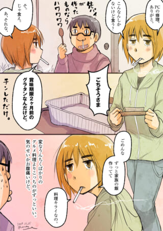 期限切れ料理を食べる会話。