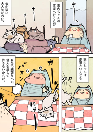 夫が猫に囲まれて困惑中