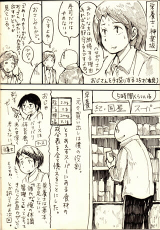 栄養士と買い物の漫画シーン。